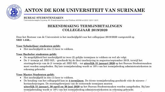 Termijnbetalingen collegejaar 2019 – 2020