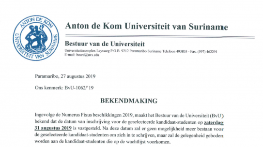 Bekendmaking m.b.t. de inschrijving van de geselecteerde kandidaat-studenten